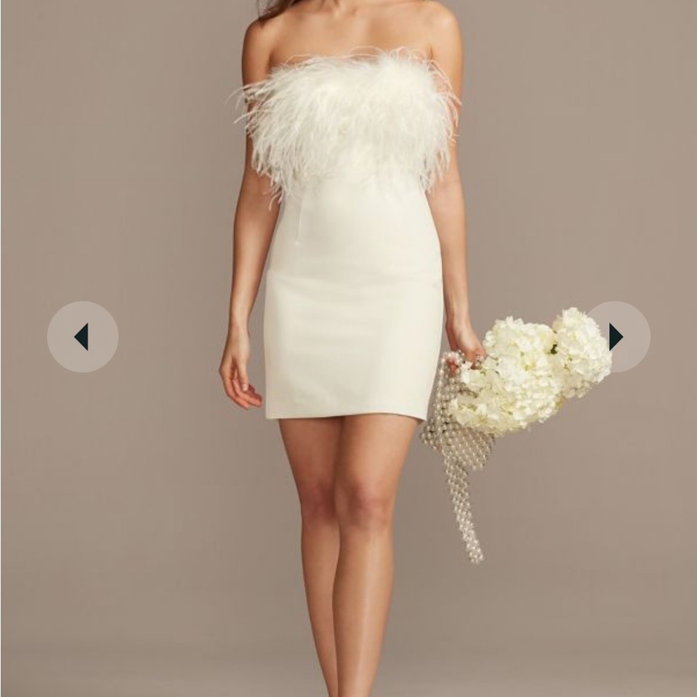 DAVIDS BRIDAL strapless crepe feather trimmed mini dress, ivory